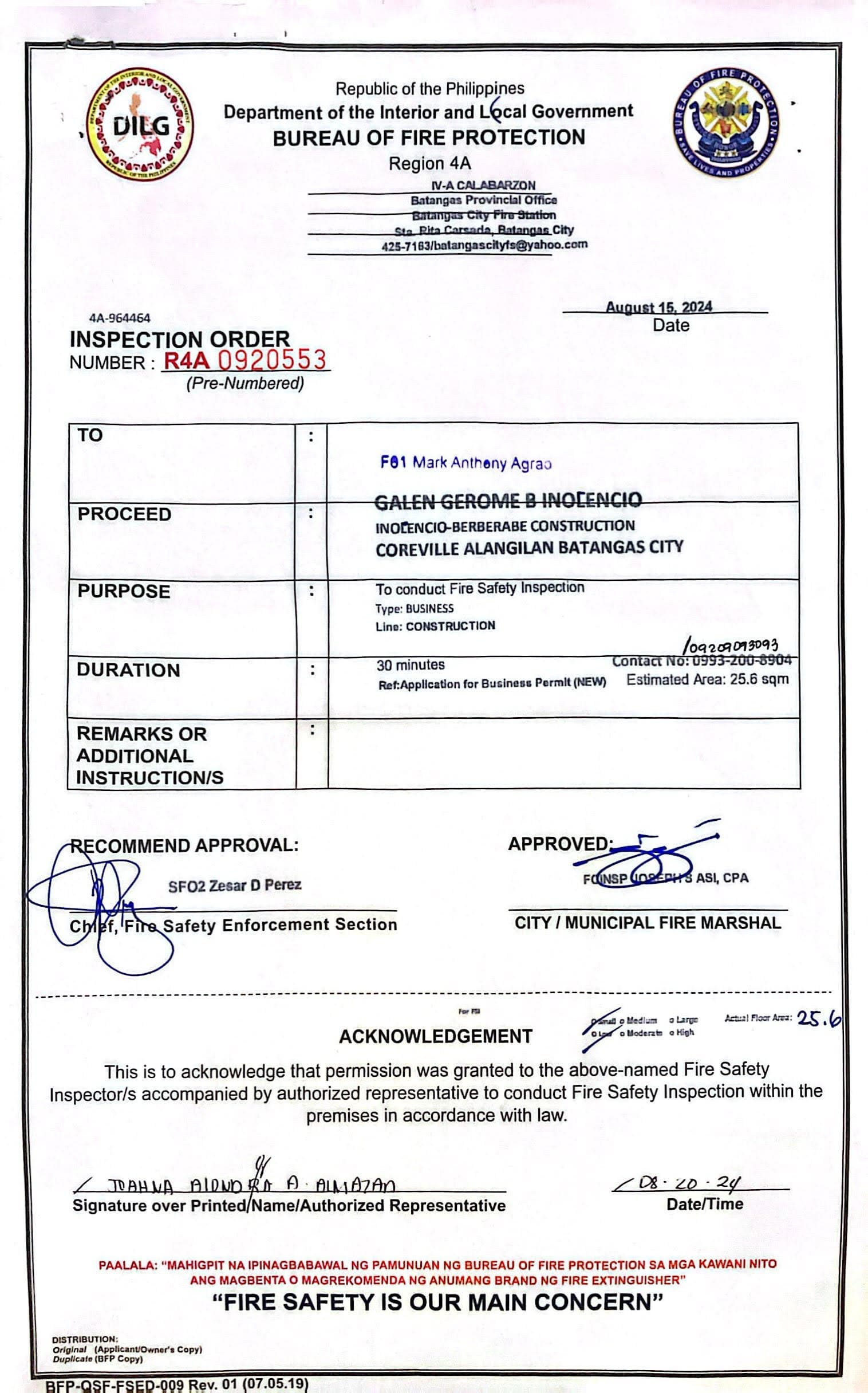 Bureau of Fire Protection Certificate