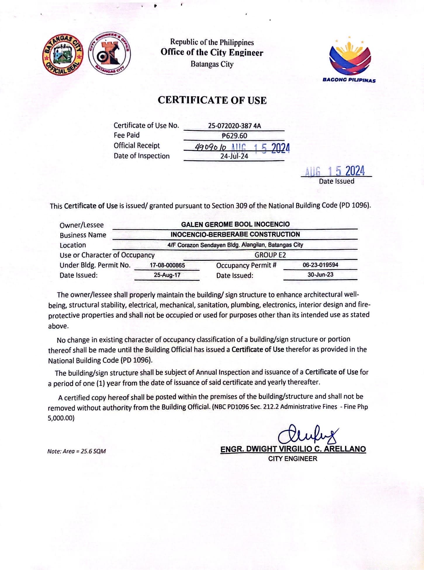 Certificate of Use