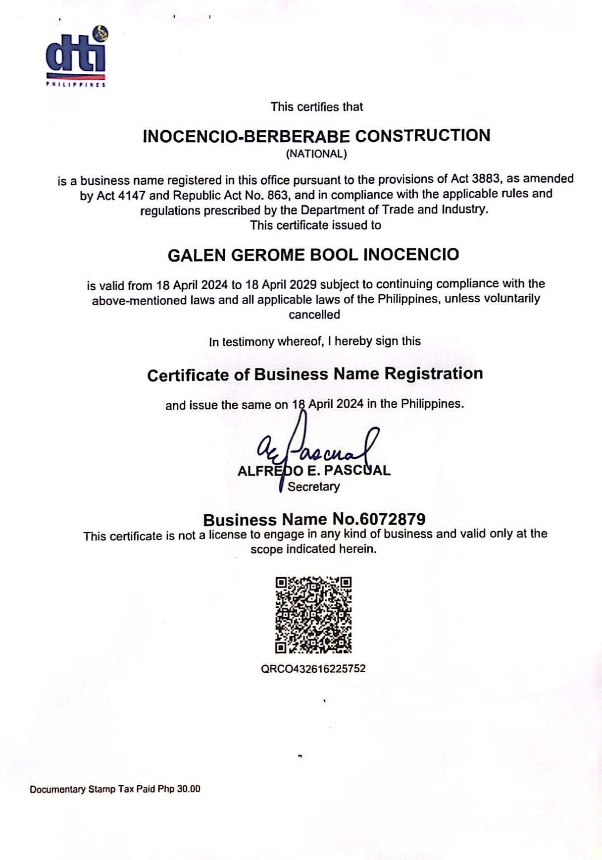 DTI Certificate