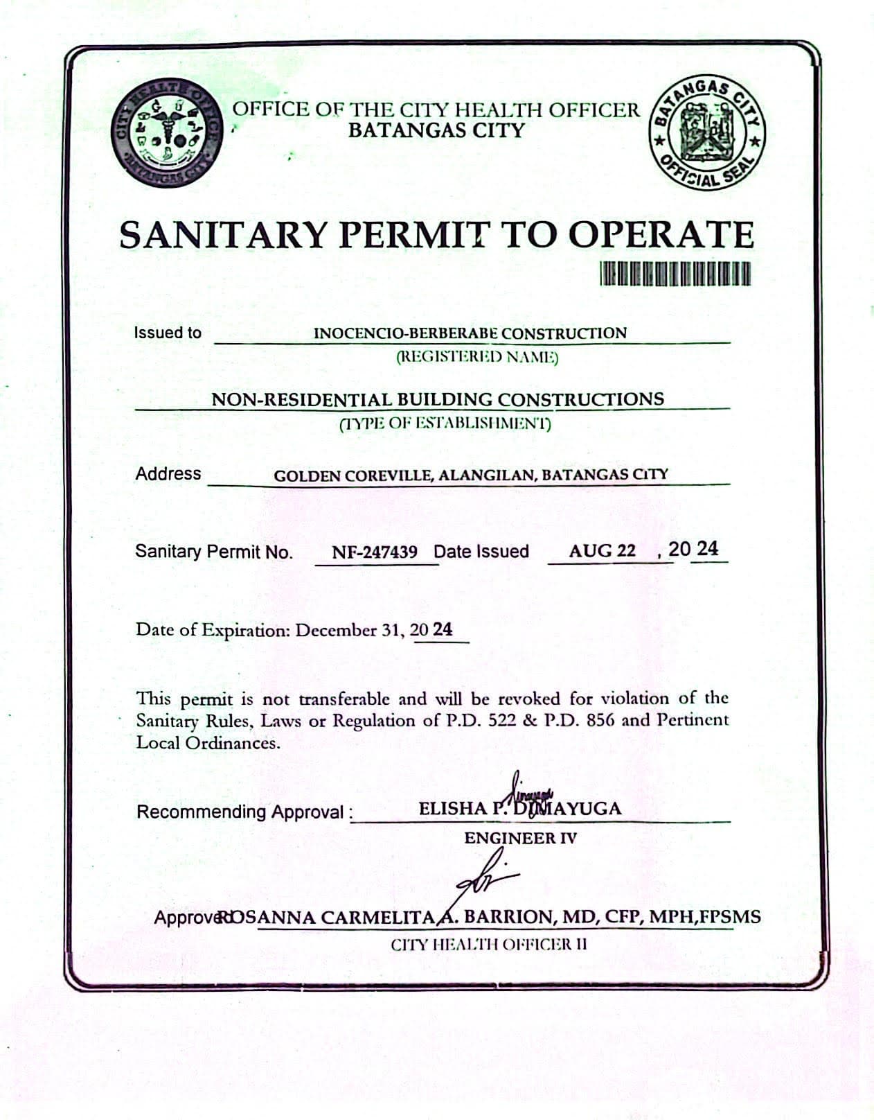 Sanitary Permit